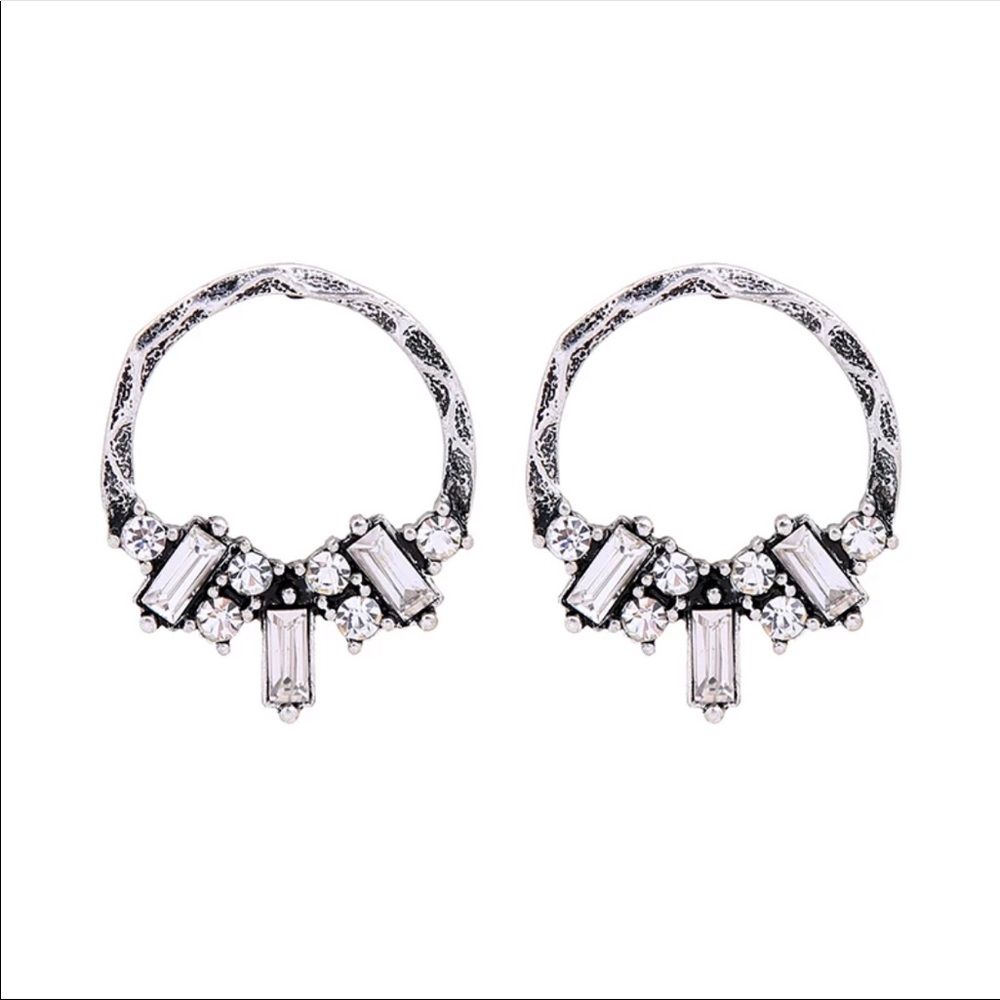 2/$12 Silver Round Geometric Crystal Earrings
